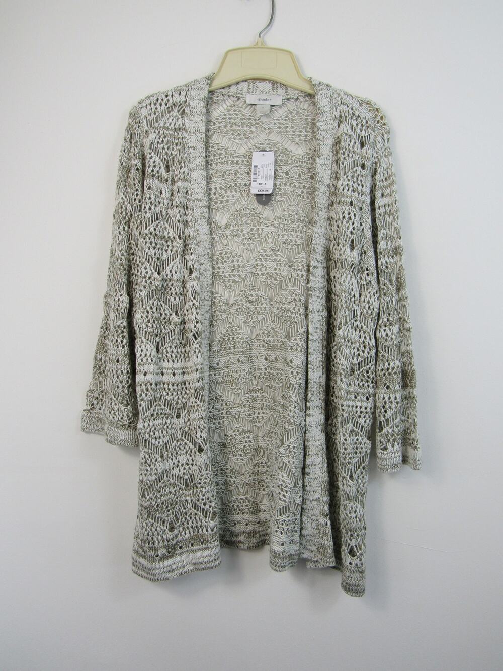NWT X Cj Banks Size 14 Taupe White Crochet Open Front Cardigan 3/4 Sleeve